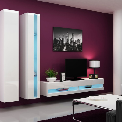 Stena do obývacej izby s LED bielym osvetlením ASHTON N5 - biela / lesklá biela