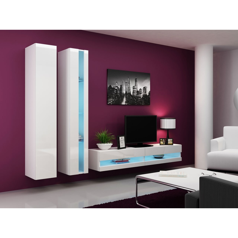 Stena do obývacej izby s LED modrým osvetlením ASHTON N5 - biela / lesklá biela