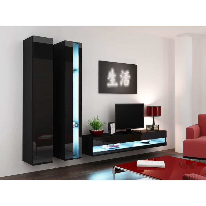 Stena do obývacej izby s LED modrým osvetlením ASHTON N5 - čierna / lesklá čierna