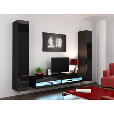 Stena do obývacej izby s LED bielym osvetlením ASHTON N4 - čierna / lesklá čierna