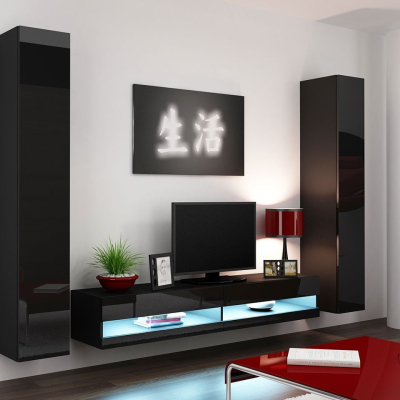 Stena do obývacej izby s LED modrým osvetlením ASHTON N4 - čierna / lesklá čierna