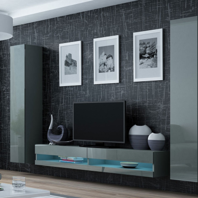 Stena do obývacej izby s LED modrým osvetlením ASHTON N4 - šedá / lesklá šedá