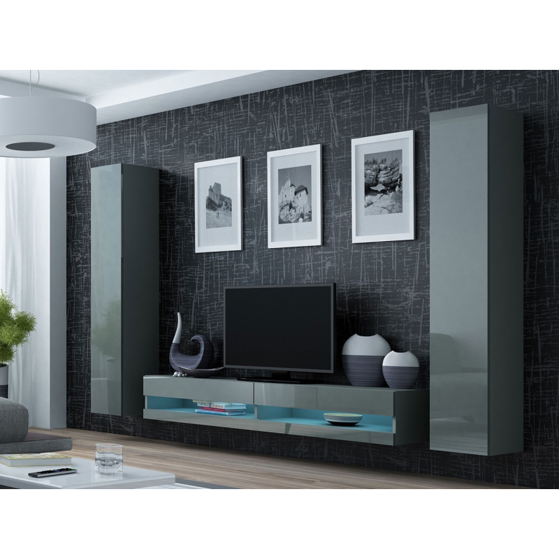 Stena do obývacej izby s LED modrým osvetlením ASHTON N4 - šedá / lesklá šedá
