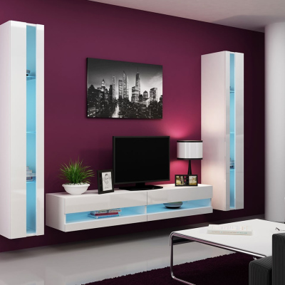 Stena do obývacej izby s LED modrým osvetlením ASHTON N3 - biela / lesklá biela