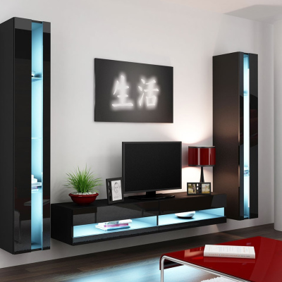 Stena do obývacej izby s LED modrým osvetlením ASHTON N3 - čierna / lesklá čierna