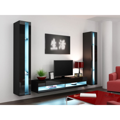 Stena do obývacej izby s LED modrým osvetlením ASHTON N3 - čierna / lesklá čierna