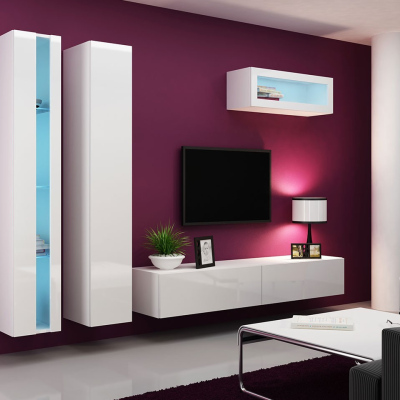 Stena do obývacej izby s LED modrým osvetlením ASHTON N2 - biela / lesklá biela
