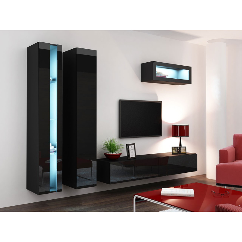 Stena do obývacej izby s LED modrým osvetlením ASHTON N2 - čierna / lesklá čierna