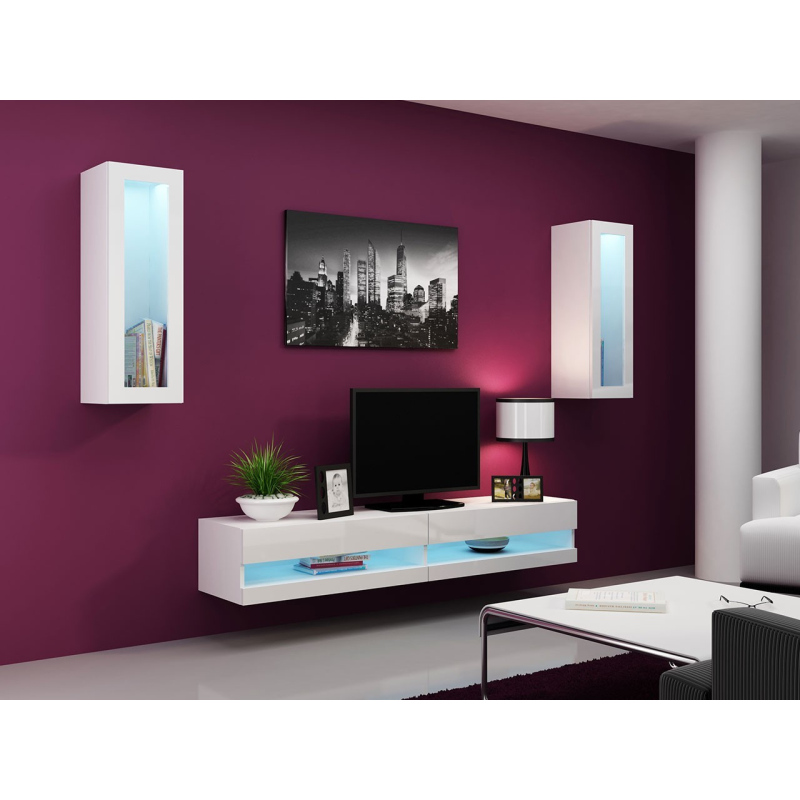 Stena do obývacej izby s LED modrým osvetlením ASHTON N11 - biela / lesklá biela