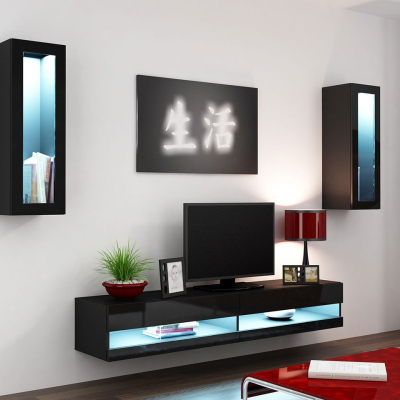 Stena do obývacej izby s LED modrým osvetlením ASHTON N11 - čierna / lesklá čierna