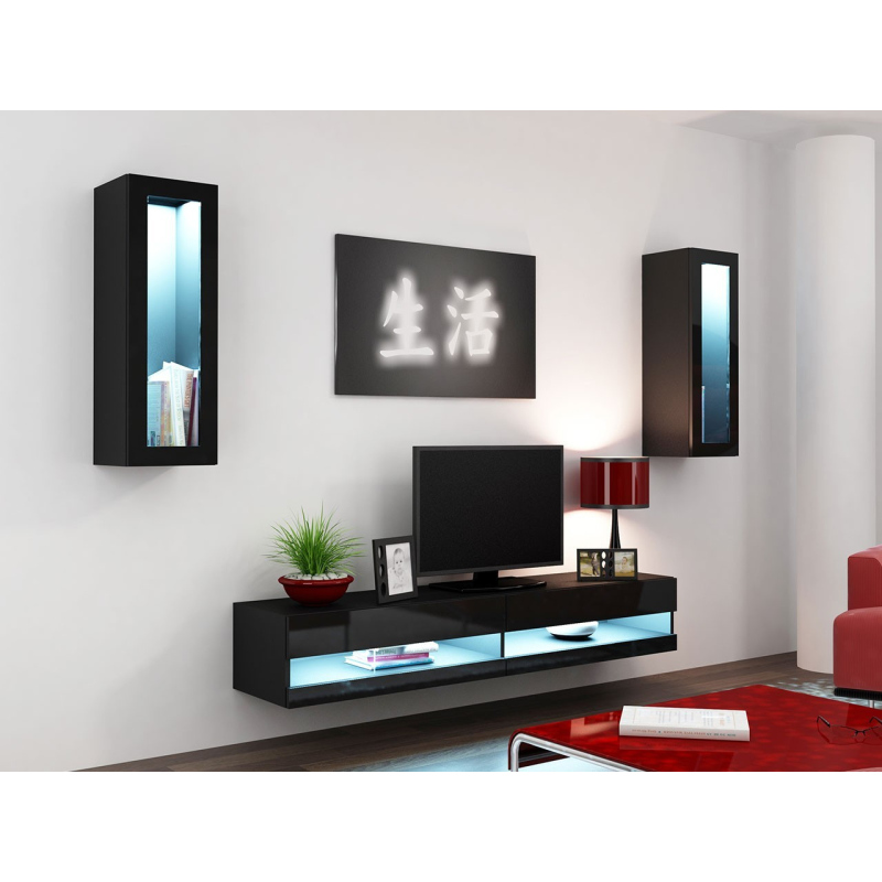 Stena do obývacej izby s LED modrým osvetlením ASHTON N11 - čierna / lesklá čierna