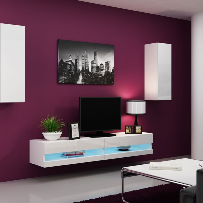 Stena do obývacej izby s LED modrým osvetlením ASHTON N10 - biela / lesklá biela