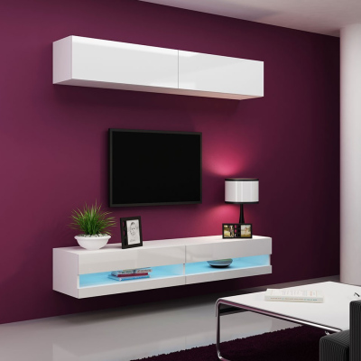 Stena do obývacej izby s LED modrým osvetlením ASHTON N10 - biela / lesklá biela