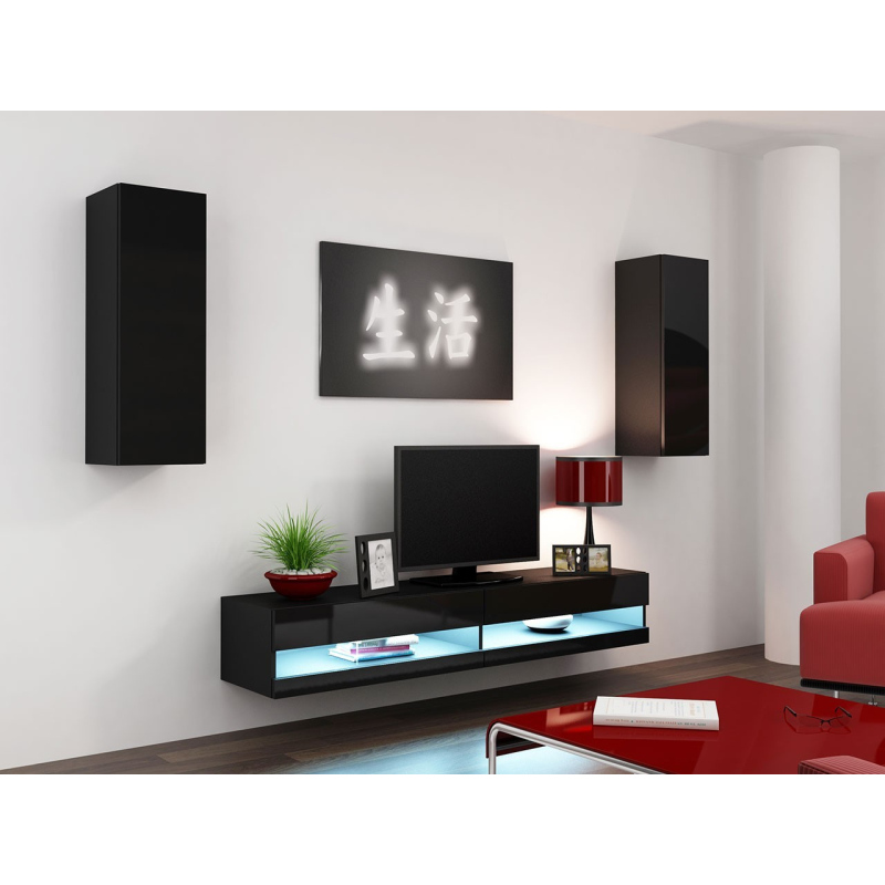 Stena do obývacej izby s LED bielym osvetlením ASHTON N10 - čierna / lesklá čierna