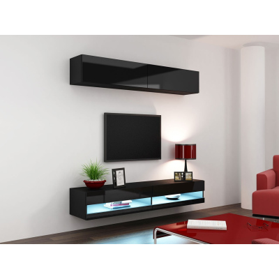 Stena do obývacej izby s LED modrým osvetlením ASHTON N10 - čierna / lesklá čierna