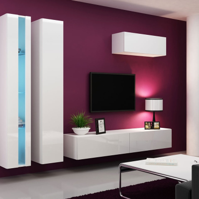 Stena do obývacej izby s LED modrým osvetlením ASHTON N1 - biela / lesklá biela