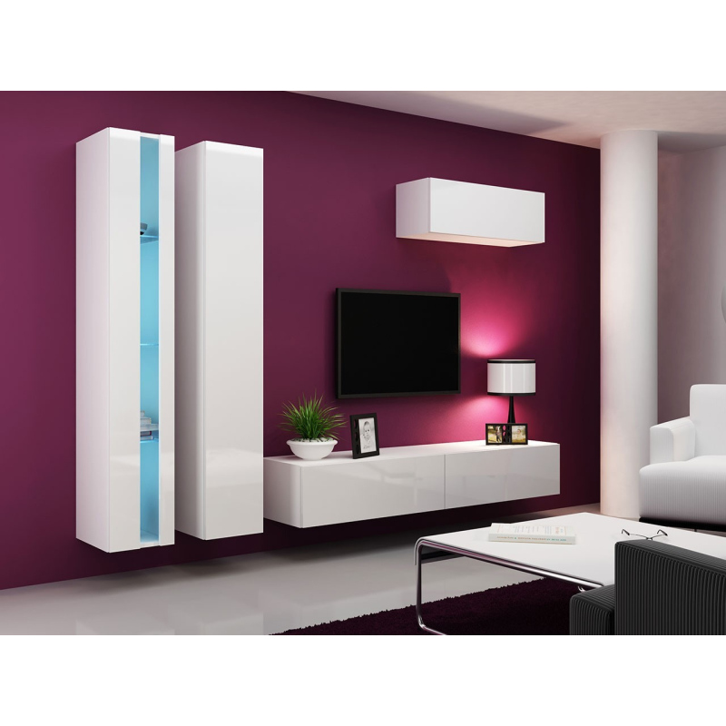 Stena do obývacej izby s LED modrým osvetlením ASHTON N1 - biela / lesklá biela