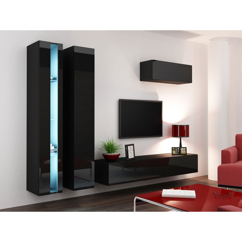 Stena do obývacej izby s LED modrým osvetlením ASHTON N1 - čierna / lesklá čierna