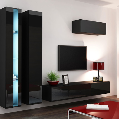 Stena do obývacej izby s LED RGB osvetlením ASHTON N1 - čierna / lesklá čierna