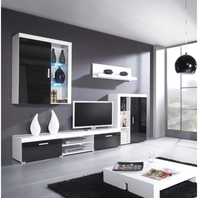 Obývacia stena s LED modrým osvetlením ITABUNA 1 - biela / lesklá čierna