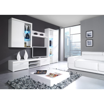 Obývacia stena s LED modrým osvetlením ITABUNA 3 - biela / lesklá biela