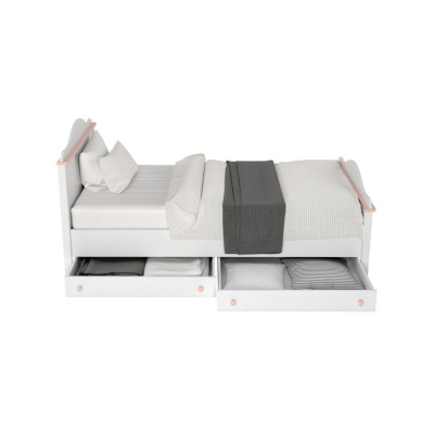 Detská posteľ s matracom, roštom a zásuvkou 90x200 LEGUAN - biela / ružová