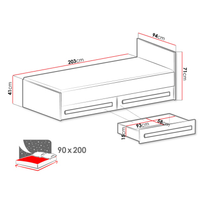 Jednolôžková posteľ 90x200 TUCHIN - biela / lesklá tyrkysová