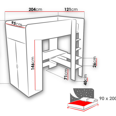 Detská poschodová posteľ so skriňou a písacím stolom 90x200 AMSTER - biela