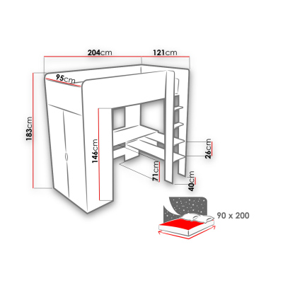 Detská poschodová posteľ so skriňou a písacím stolom 90x200 AMSTER - biela