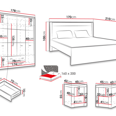 Spálňová zostava s LED osvetlením a posteľou 160x200 CHALAPATA - jaseň tmavý