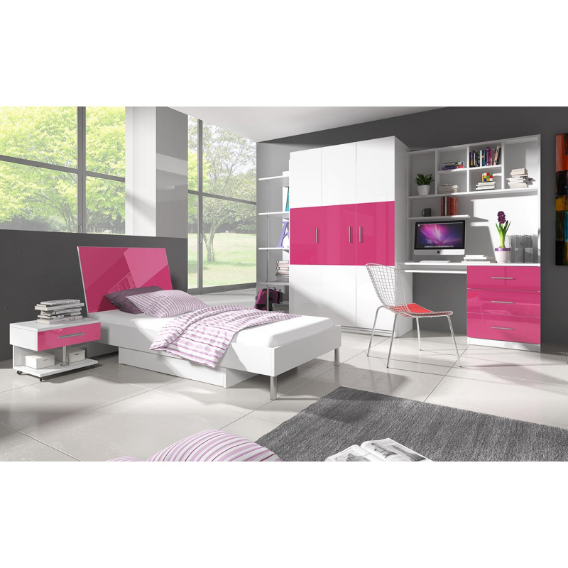 Nábytok do detskej izby s posteľou a s roštom 90x200 GORT 2 - biely / lesklý biely / lesklý ružový