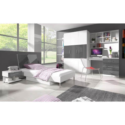 Nábytok do detskej izby s posteľou a s roštom 90x200 GORT 2 - biely / lesklý biely / lesklý šedý
