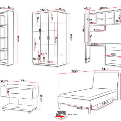 Nábytok do detskej izby s posteľou, s matracom a roštom 90x200 GORT 2 - biely / lesklý biely / lesklý šedý