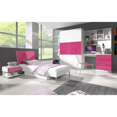 Nábytok do detskej izby s posteľou a s matracom 90x200 GORT 2 - biely / lesklý biely / lesklý ružový