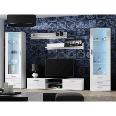 Obývacia stena s LED modrým osvetlením KARA 4 - biela / lesklá biela