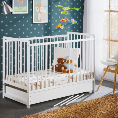 Detská postieľka s úložným priestorom a matracom ERA - 60x120, biela