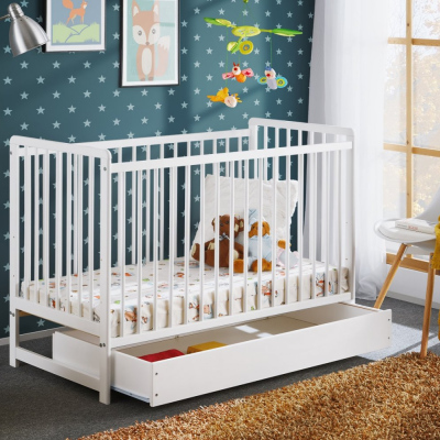 Detská postieľka s úložným priestorom a matracom ERA - 60x120, biela
