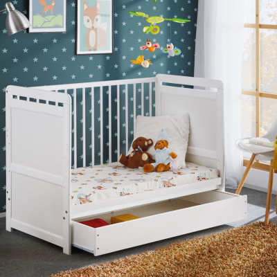 Detská postieľka s úložným priestorom a matracom NAE - 60x120, biela
