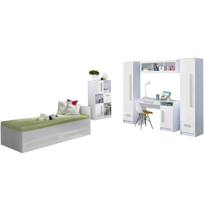 Študentský nábytok s posteľou 90x200 TUCHIN 2 - biely / lesklý tyrkysový