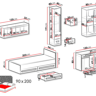 Študentský nábytok s posteľou 90x200 TUCHIN 2 - biely / lesklý tyrkysový