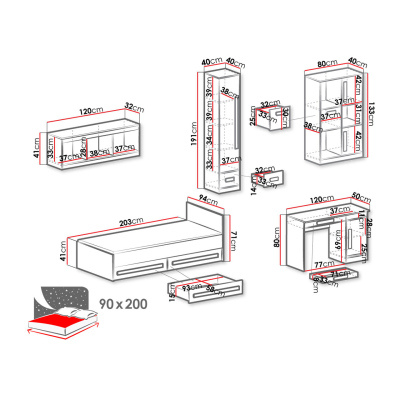 Študentský nábytok s posteľou 90x200 TUCHIN 2 - biely / lesklý tyrkysový