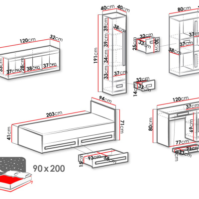 Študentský nábytok s posteľou 90x200 TUCHIN 2 - biely / lesklý biely / šedý