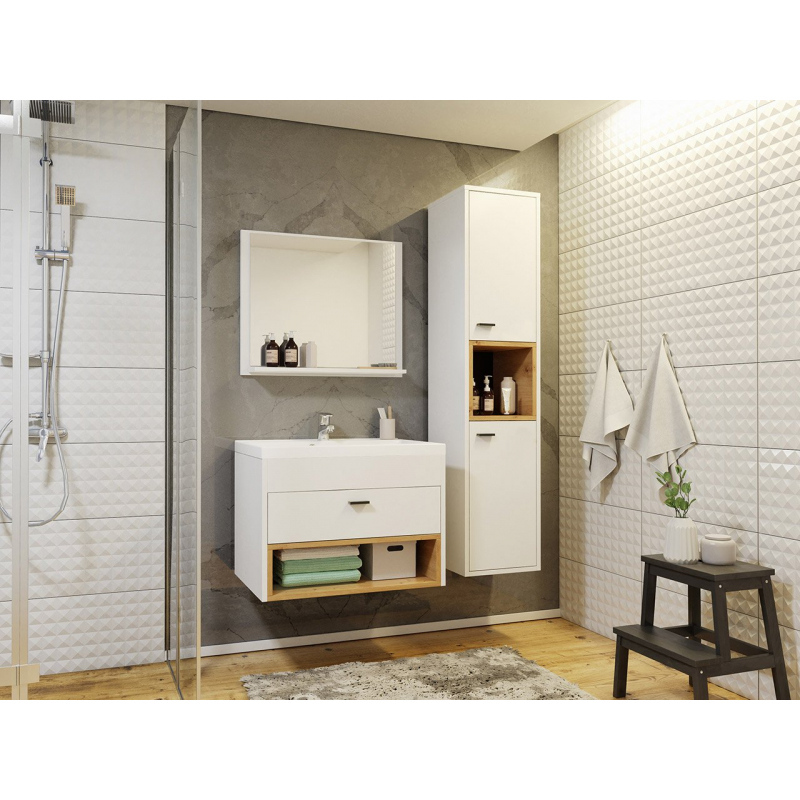 Kúpeľňová zostava s umývadlom BEND - biela / dub artisan + sifón a batéria Economico ZDARMA