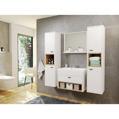 Kúpeľňová zostava s umývadlom BEND 1 - biela / dub artisan + sifón a batéria Economico ZDARMA