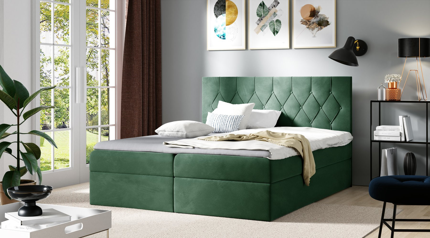 Posteľ boxspring TIBOR - 180x200, zelená + topper ZDARMA