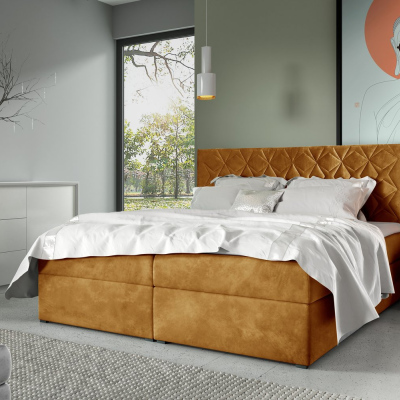 Boxspringová posteľ s prešívaným čelom EUGENA - 180x200, žltá + topper ZDARMA
