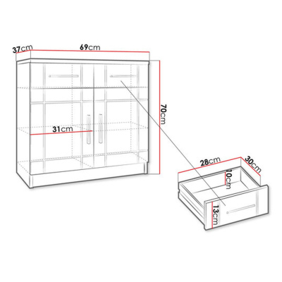 Kombinovaná komoda PARISA - šírka 69 cm, dub sonoma / biela
