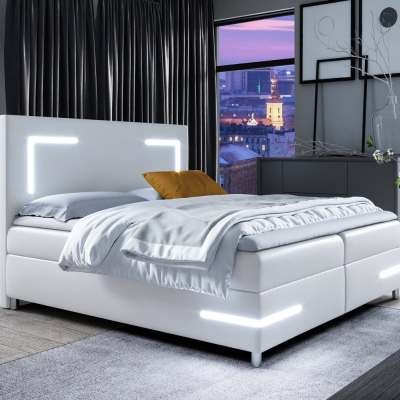 Čalúnená posteľ s osvetlením KAZIMA - 200x200, biela + topper ZDARMA
