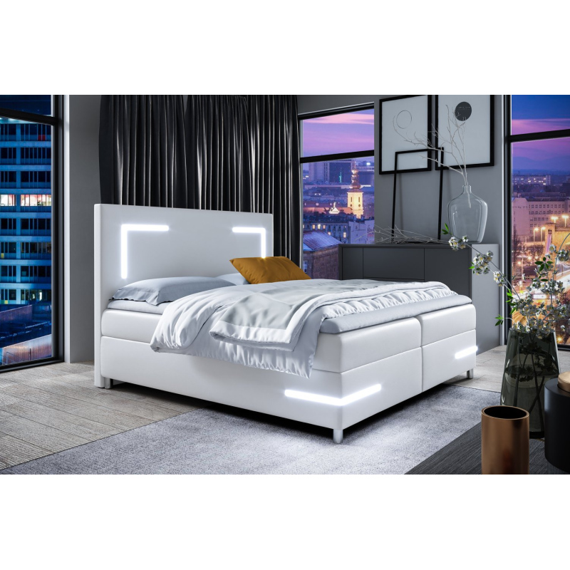 Čalúnená posteľ s osvetlením KAZIMA - 200x200, biela + topper ZDARMA
