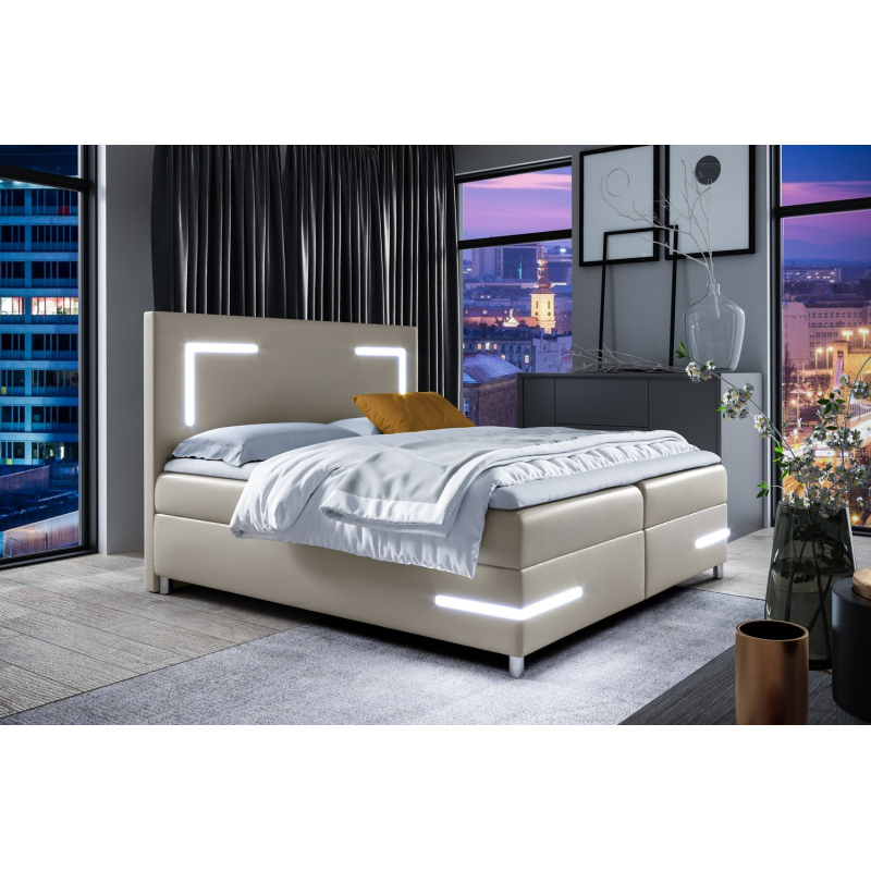 Čalúnená posteľ s osvetlením KAZIMA - 200x200, béžová + topper ZDARMA
